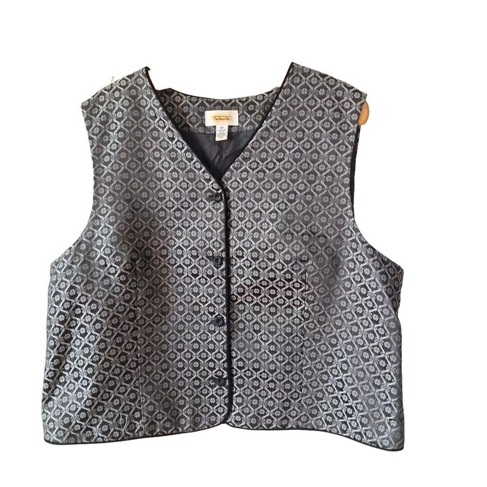 Vintage Talbots Black Satin Silver Embossed Vest, Misses Size 20